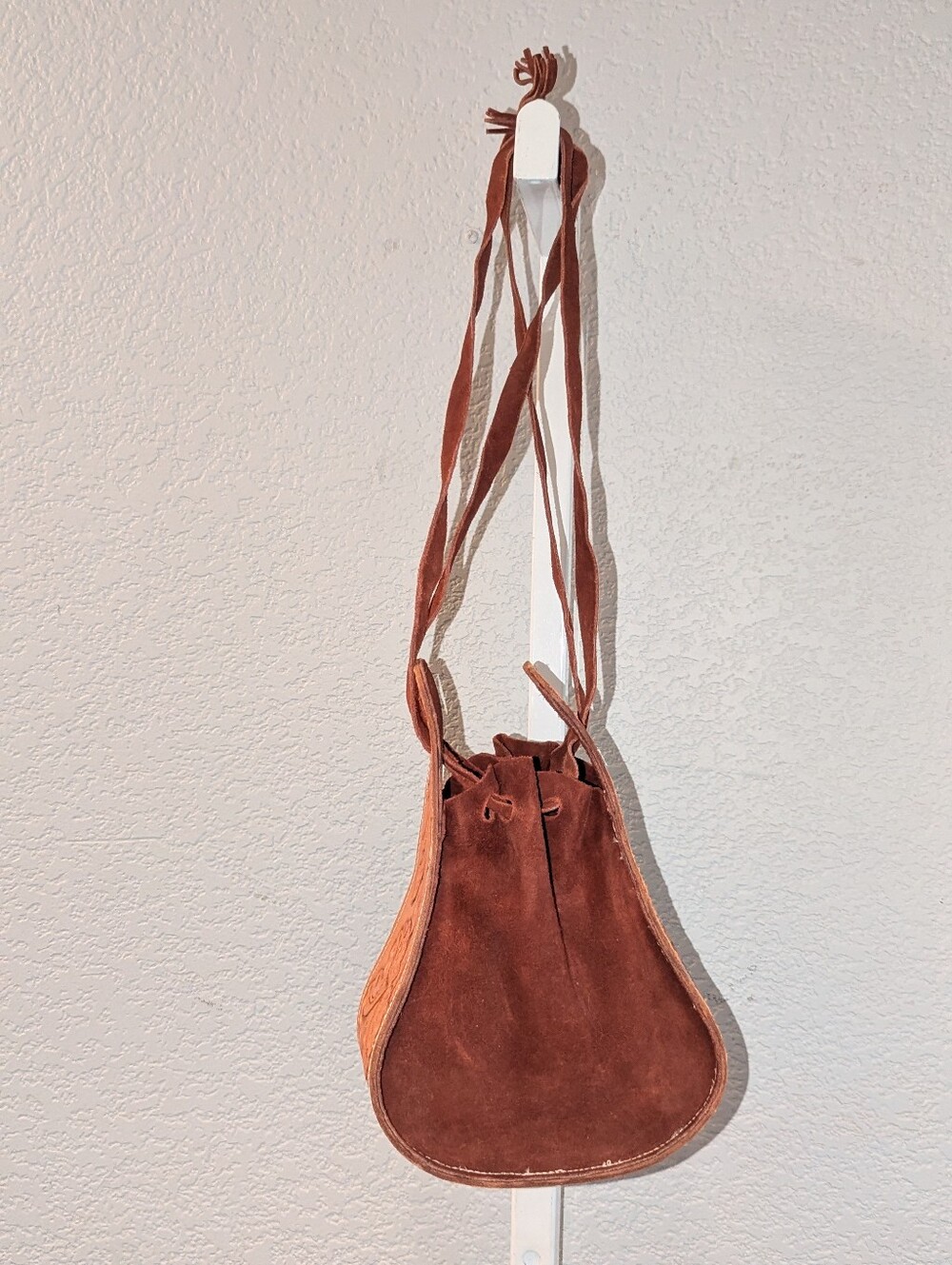 Vintage Handmade Tooled Leather Suede Bucket Bag Boho